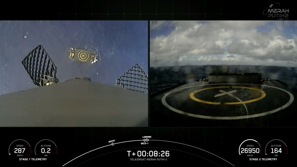 side by side photos show a rocket coming back to earth for landing on a ship at sea. at left is the rocket's-eye view, showing the ship from above. at right is a ship's-eye view, showing the landing pad awaiting the rocket.