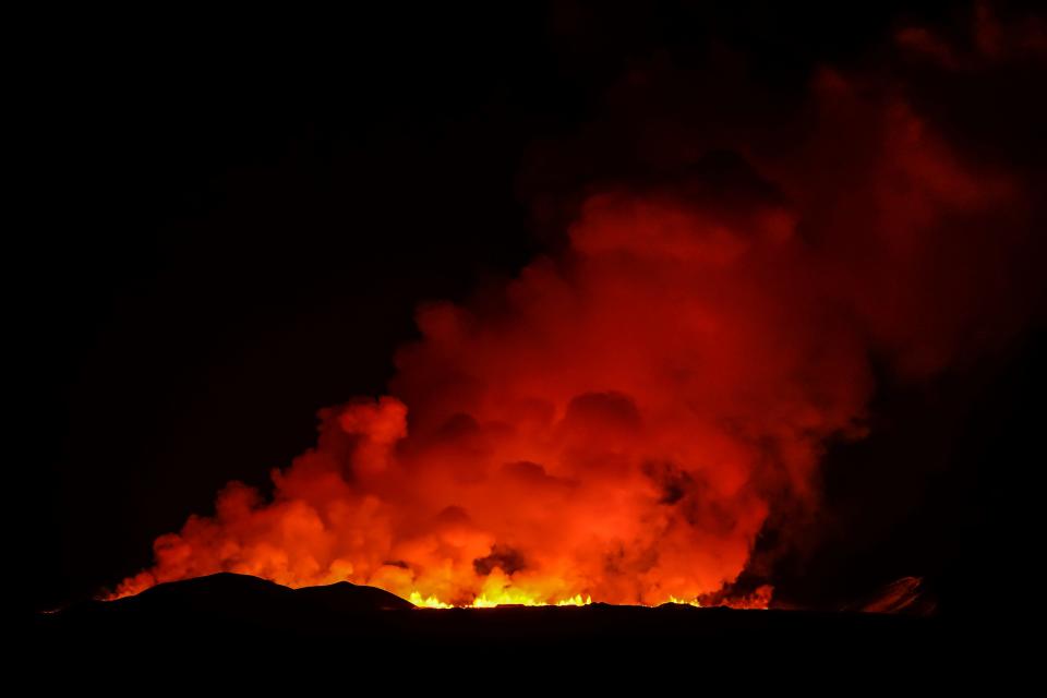 A view of the volcano erupting, north of Grindavík, Iceland, Thursday, Feb. 8, 2024. Iceland’s Meteorological Office says a volcano is erupting in the southwestern part of the country, north of a nearby settlement. The eruption of the Sylingarfell volcano began at 6 a.m. local time on Thursday, soon after an intense burst of seismic activity.
