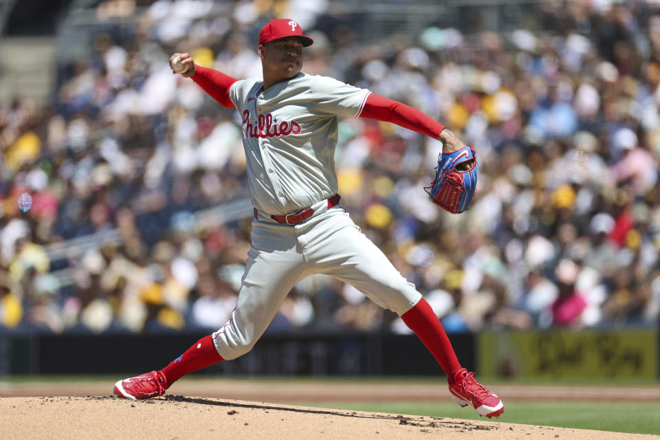 Philadelphia Phillies starting pitcher Taijuan Walker throws a pitch during the first inning of a baseball game against the San Diego Padres, Sunday, April 28, 2024, in San Diego. (AP Photo/Brandon Sloter)