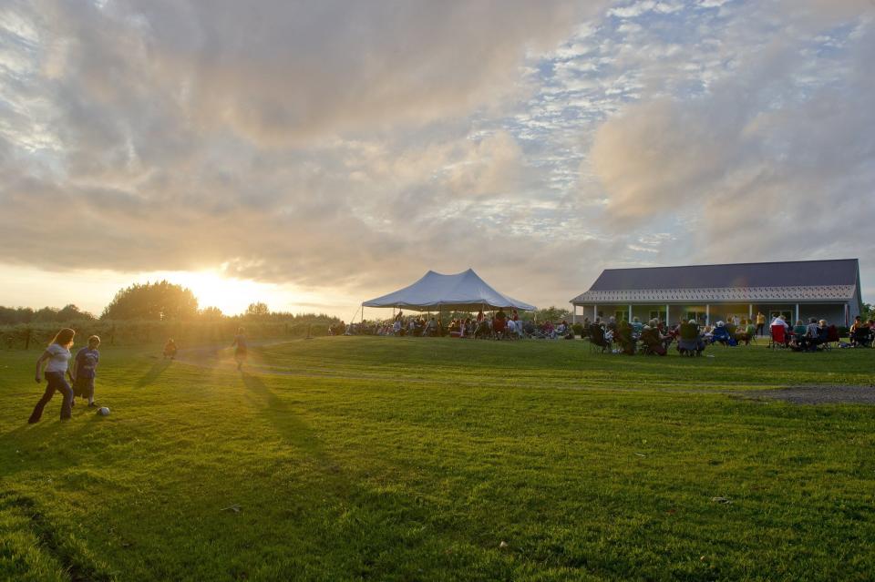 The sun sets on Lakeview Wine Cellars at the end of a night of music and relaxation on the winery grounds in North East Township on June 13, 2015.