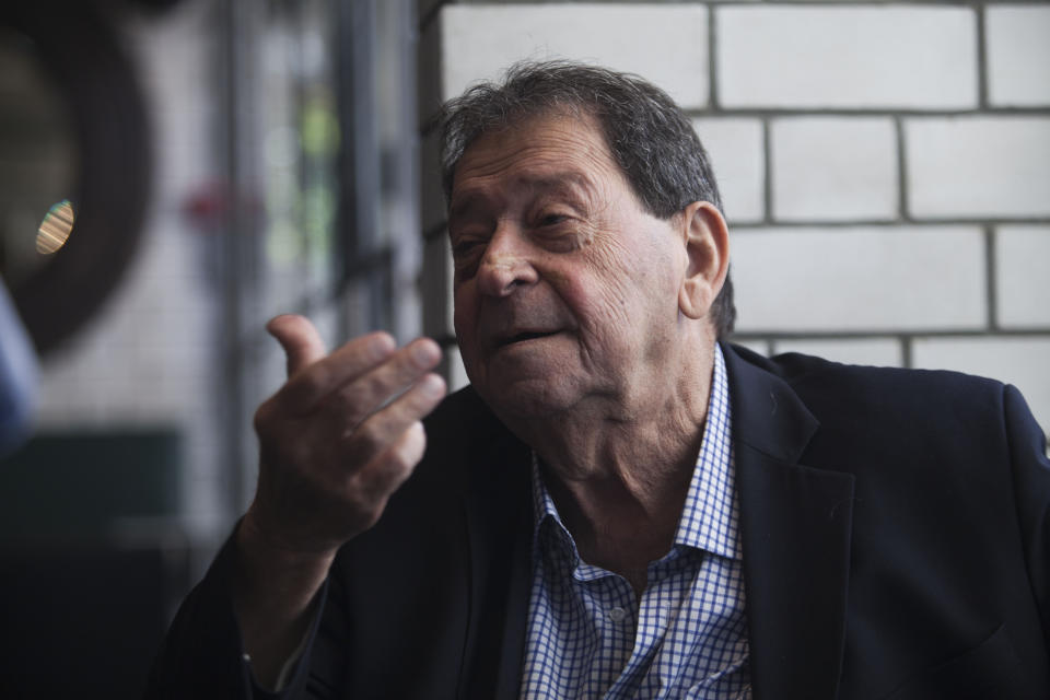 In this photograph taken on April 30, 2014, Binyamin Ben-Eliezer speaks during an interview with The Associated Press in Tel Aviv, Israel. Ben-Eliezer is a former defense minister and one-time head of the Labor Party - another position Peres once held. Among those vying to become Israel's next president are a former defense minister, a former foreign minister, a former finance minister, a respected long-serving lawmaker and a Nobel Prize winner. Amazingly, the man they all seek to replace has held all of those titles and more during a legendary 65-year political career. (AP Photo/Dan Balilty)