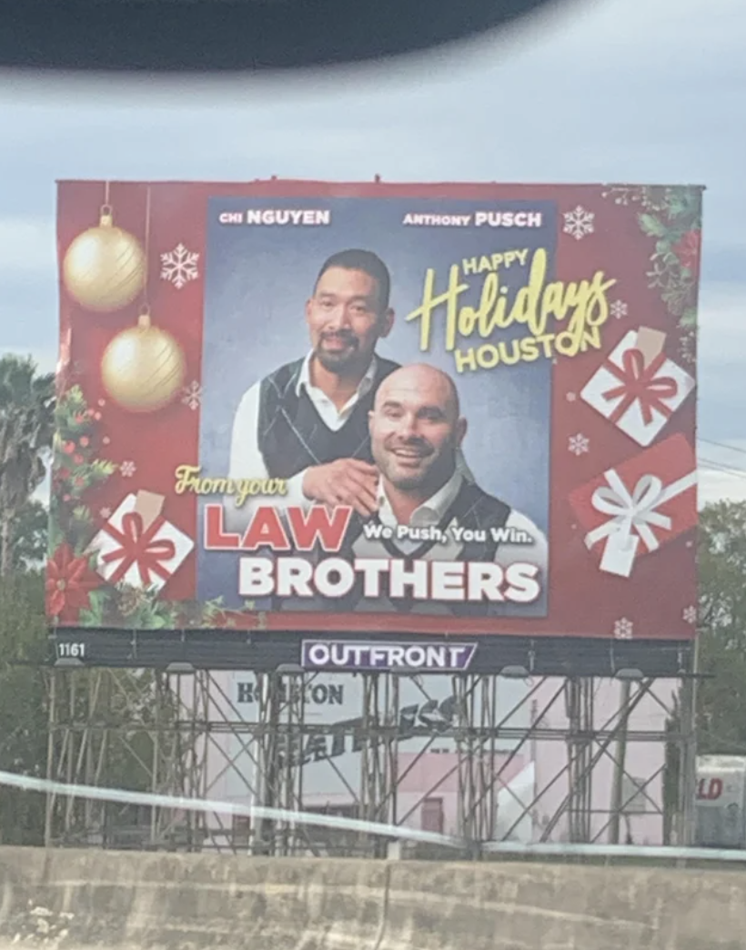 Two men in plaid vests, one man sitting, with text, "From Your Law Brothers," "We Push, You Win," and "Happy Holidays Houston"