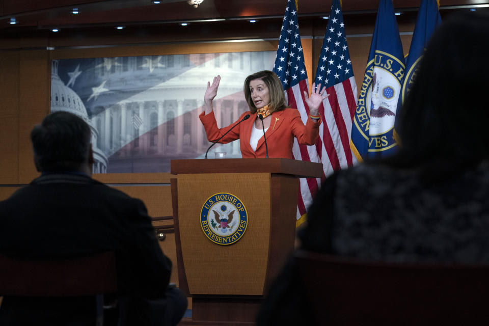 Speaker of the House Nancy Pelosi, D-Calif. speaks during a news conference Thursday, Sept. 24, 2020 on Capitol Hill in Washington. (AP Photo/Jose Luis Magana)