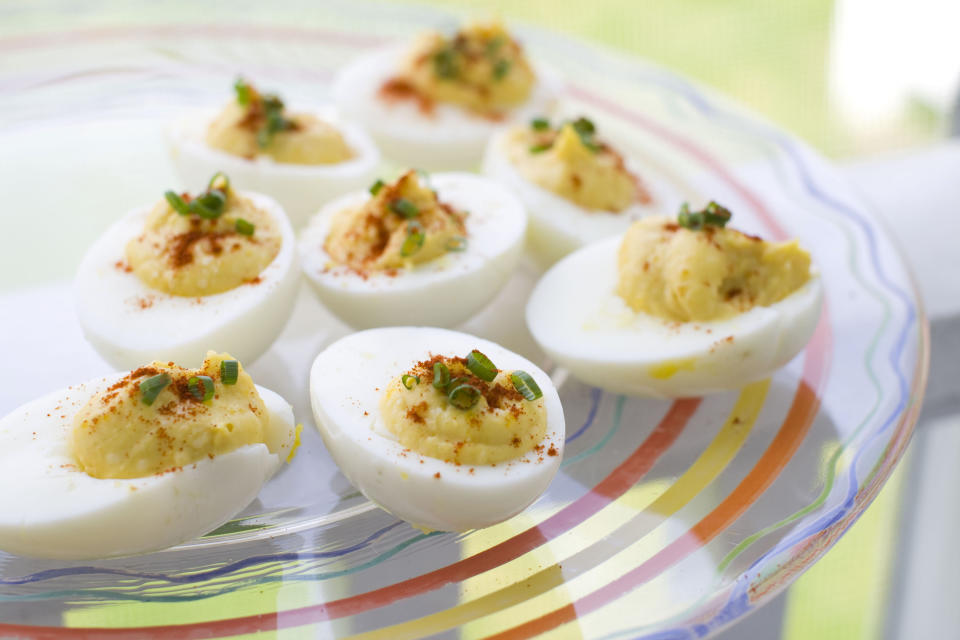This image taken on Monday, April 30, 2012 in Condord, N.H. shows a classic recipe for deviled eggs by Elizabeth Karmel. (AP Photo/Matthew Mead)