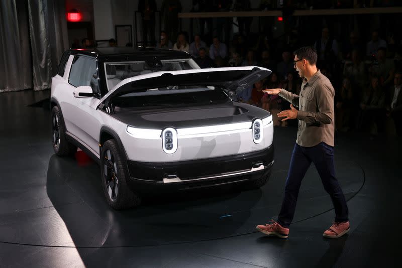 Electric truck maker Rivian unveils a smaller R2 SUV during an event in Laguna Beach