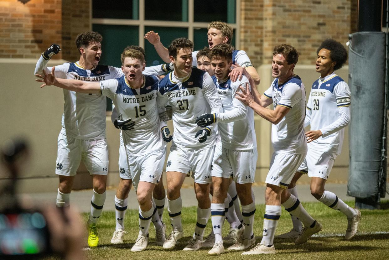 Notre Dame celebrates Paddy Burns' goal in an Elite Eight matchup against Pitt in South Bend. (COURTESY OF NOTRE DAME ATHLETICS)