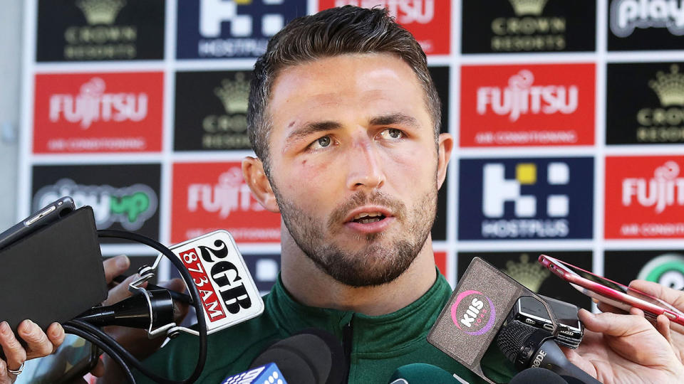 Sam Burgess appeared distressed when fronting media at Redfern. Pic: Getty