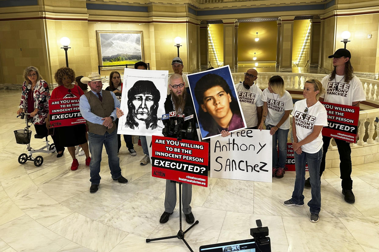 The Rev. Jeff Hood and supporters of Oklahoma death row inmate Anthony Sanchez proclaim his innocence during a news conference at the Oklahoma Capitol in Oklahoma City, May 25, 2023. (Sean Murphy/AP)