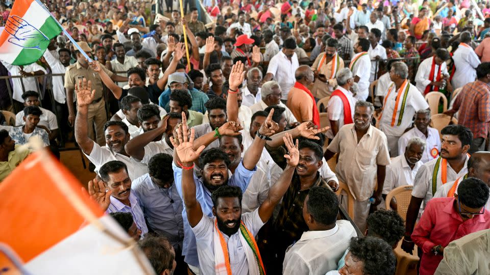 Supporters of India's opposition party, Indian National Congress (INC) during the election campaign in Puducherry on April 15, 2024. - R. Satish Babu/AFP/Getty Images