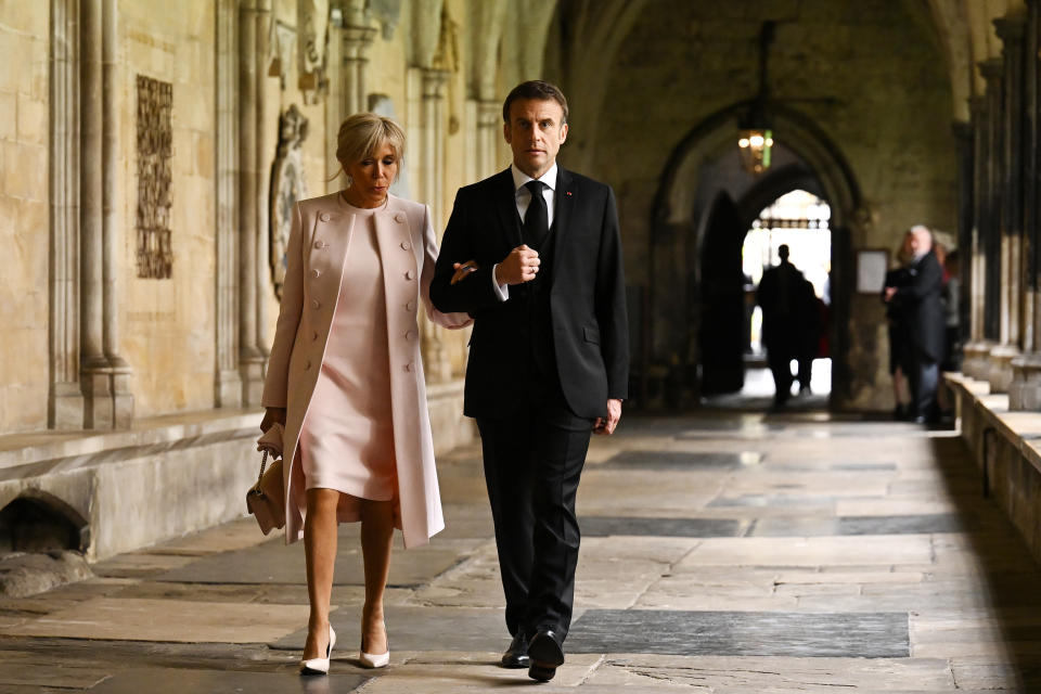 <p>LONDON, ENGLAND - MAY 06: French President Emmanuel Macron and his wife Brigitte Macron arrive to take their seats ahead of the Coronation of King Charles III and Queen Camilla on May 6, 2023 in London, England. The Coronation of Charles III and his wife, Camilla, as King and Queen of the United Kingdom of Great Britain and Northern Ireland, and the other Commonwealth realms takes place at Westminster Abbey today. Charles acceded to the throne on 8 September 2022, upon the death of his mother, Elizabeth II. (Photo by Ben Stansall - WPA Pool/Getty Images)</p> 