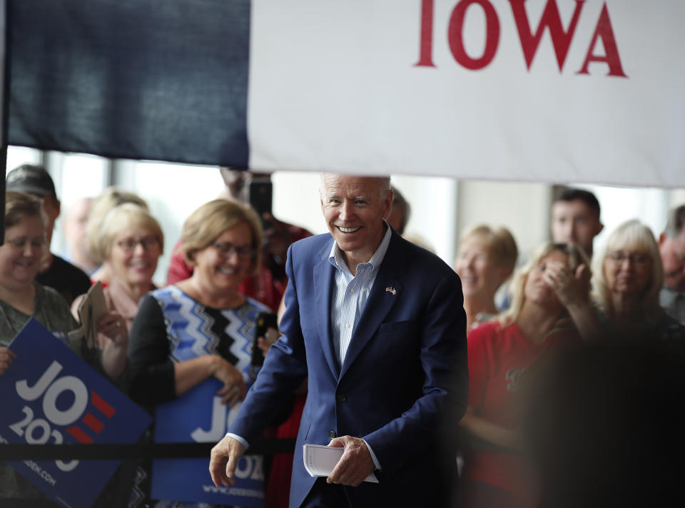 Democratic presidential candidate former Vice President Joe Biden arrives for a town hall meeting, Tuesday, June 11, 2019, in Ottumwa, Iowa. (AP Photo/Matthew Putney)