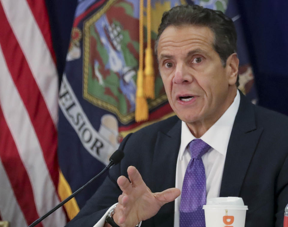 FILE - In this Oct. 17, 2019, file photo, New York Gov. Andrew Cuomo addresses a regional summit of governors in New York. In April 2020, Cuomo and Democratic legislative leaders agreed to amend a law that ruled out money bail and pretrial detention for most misdemeanor and nonviolent felony charges. Changes to the law will allow judges to set bail for more crimes, including misdemeanor bail jumping. Several criminal justice reform groups and state lawmakers raised concern at a Thursday, July 2, 2020, virtual news conference that the amended law, which goes into effect in July, will land more people behind bars amid the ongoing coronavirus pandemic. (AP Photo/Bebeto Matthews, File)