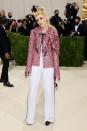 <p>The Spencer channeled her inner Barbie doll dressed in a Chanel pink floral shirt and white trousers for the 2021 Met Gala. She even styled her blonde hair into a ponytail and vintage rolled fringe. </p>