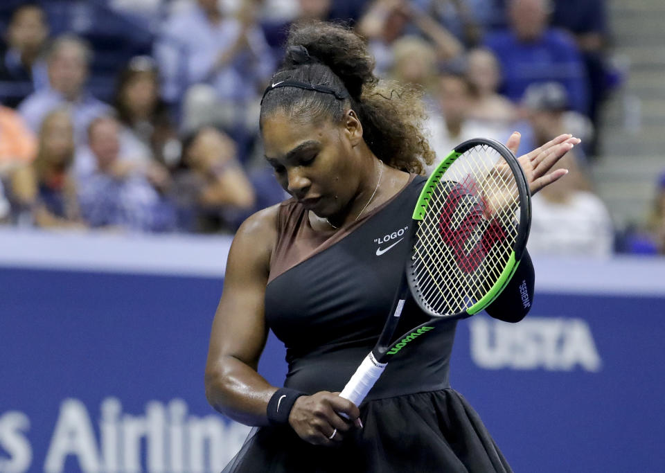 Serena Williams reacts after a shot by Naomi Osaka, of Japan, during the women’s final of the U.S. Open tennis tournament, Saturday, Sept. 8, 2018, in New York. (AP Photo)