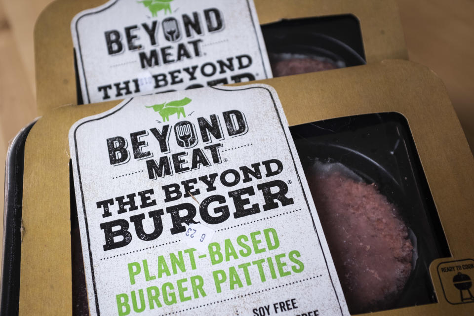 NEW YORK, NY - JUNE 13: In this photo illustration, packages of Beyond Meat "The Beyond Burger" sit on a table, June 13, 2019 in the Brooklyn borough of New York City. Since going public in early May, Beyond Meat's stock has soared more than 450 percent and its market value is over $8 billion. Beyond Meat is a Los Angeles-based producer of plant-based meat substitutes, including vegan versions of burgers and sausages. (Photo by Drew Angerer/Getty Images)