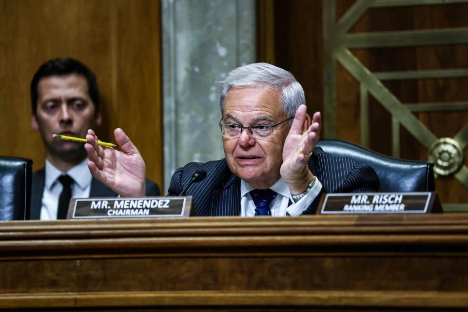 <p>Valerie Plesch/Bloomberg via Getty </p> Sen. Bob Menendez leads a Senate Foreign Relations Committee hearing on July 26, 2023