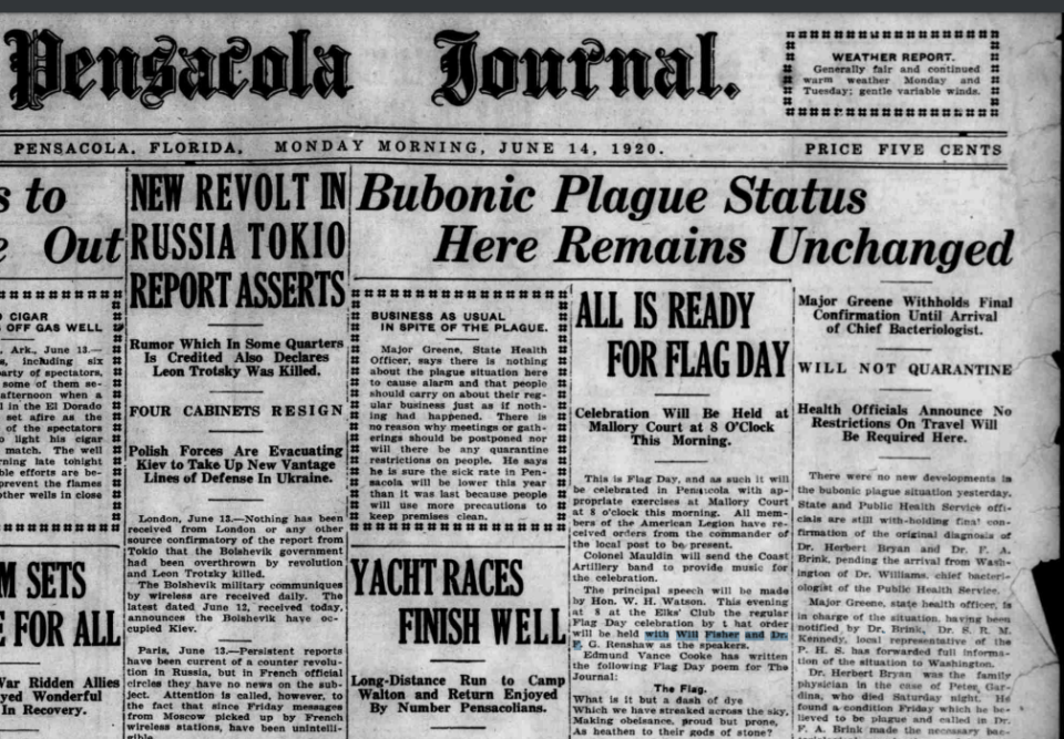 Pensacola Journal edition from June 14, 1920, discussing the presence of bubonic plague in the city.