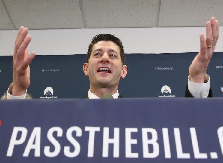 House Speaker Paul Ryan, R-Wis., speaks to the media after attending a closed-party conference attended by President Trump.