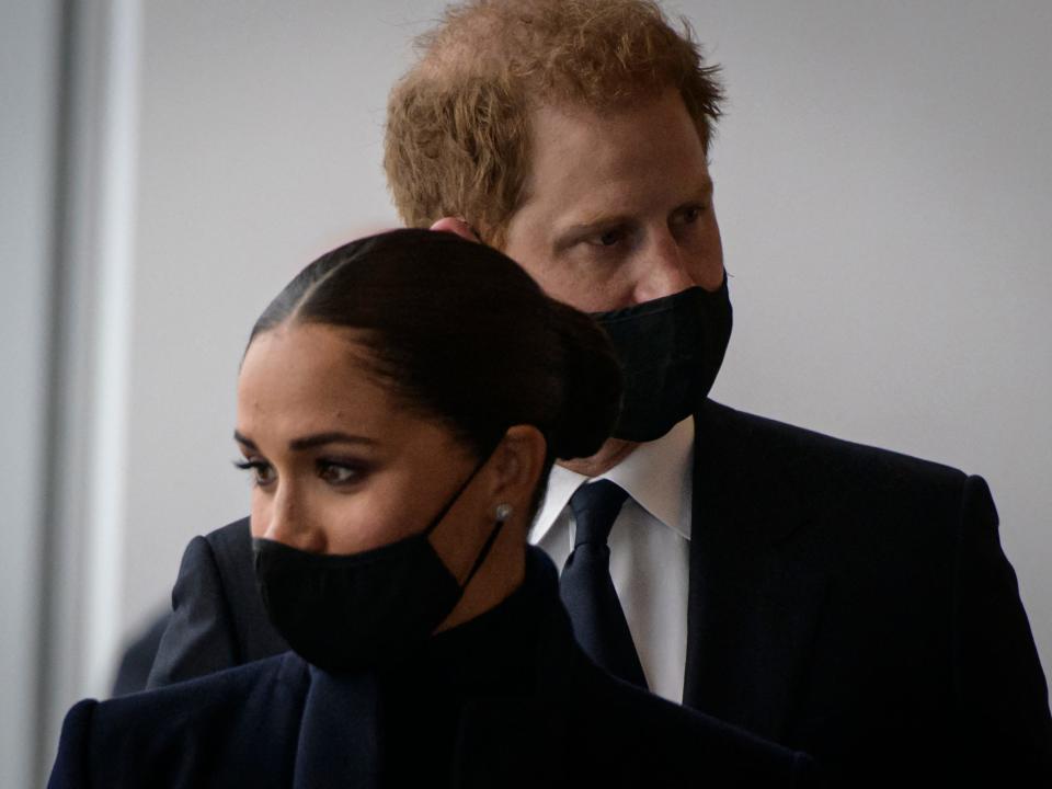 Prince Harry and Meghan Markle, the Duke and Duchess of Sussex, visit the One World Trade Center observation deck in New York on September 23, 2021.