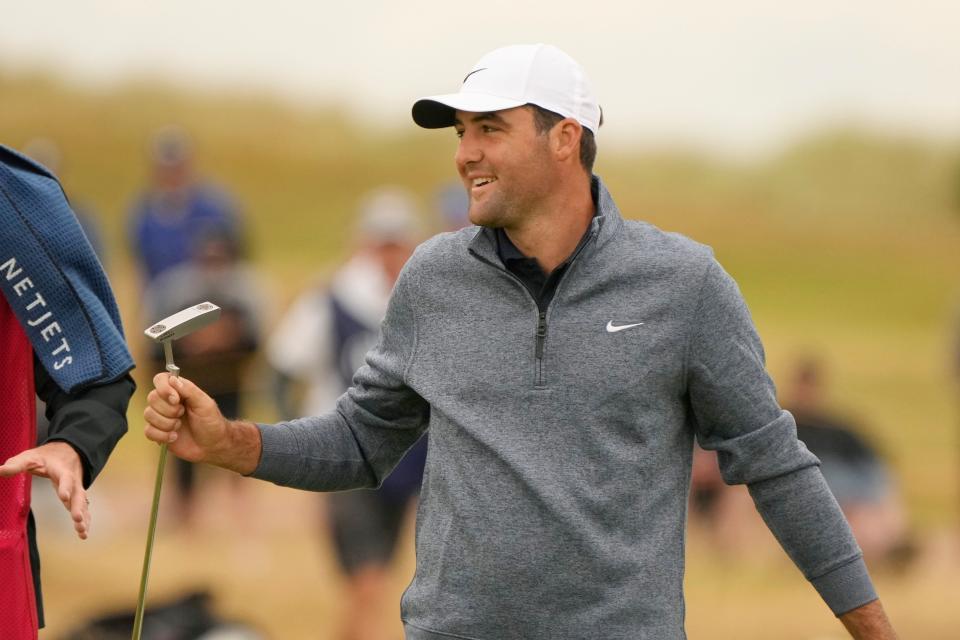 Scottie Scheffler of the US after making a birdie on the 10th hole (AP)