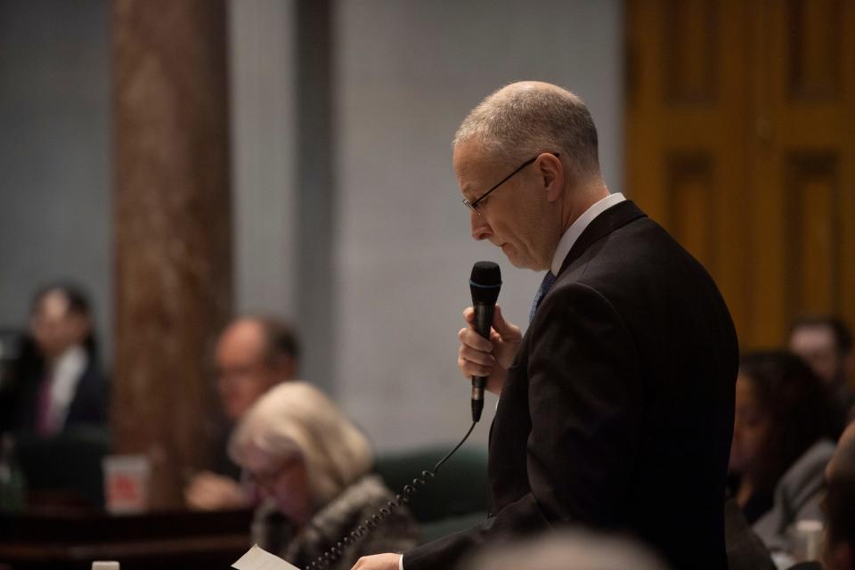 Sen. Brent Taylor R- Memphis, defends his bill during a Senate session at the Tennessee state Capitol in Nashville , Tenn., Thursday, March 14, 2024.