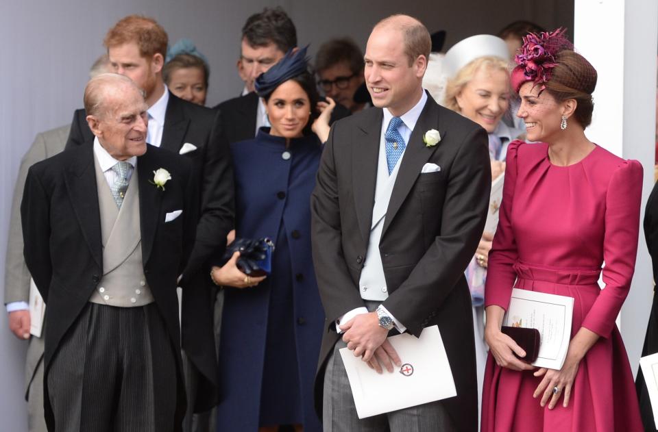 Prince Philip, Duke of Edinburgh, Meghan, Duchess of Sussex, Prince William, Duke of Cambridge and Catherine, Duchess of Cambridge attend the wedding of Princess Eugenie of York and Jack Brooksbank at St George's Chapel in Windsor Castle on October 12, 2018 in Windsor, England