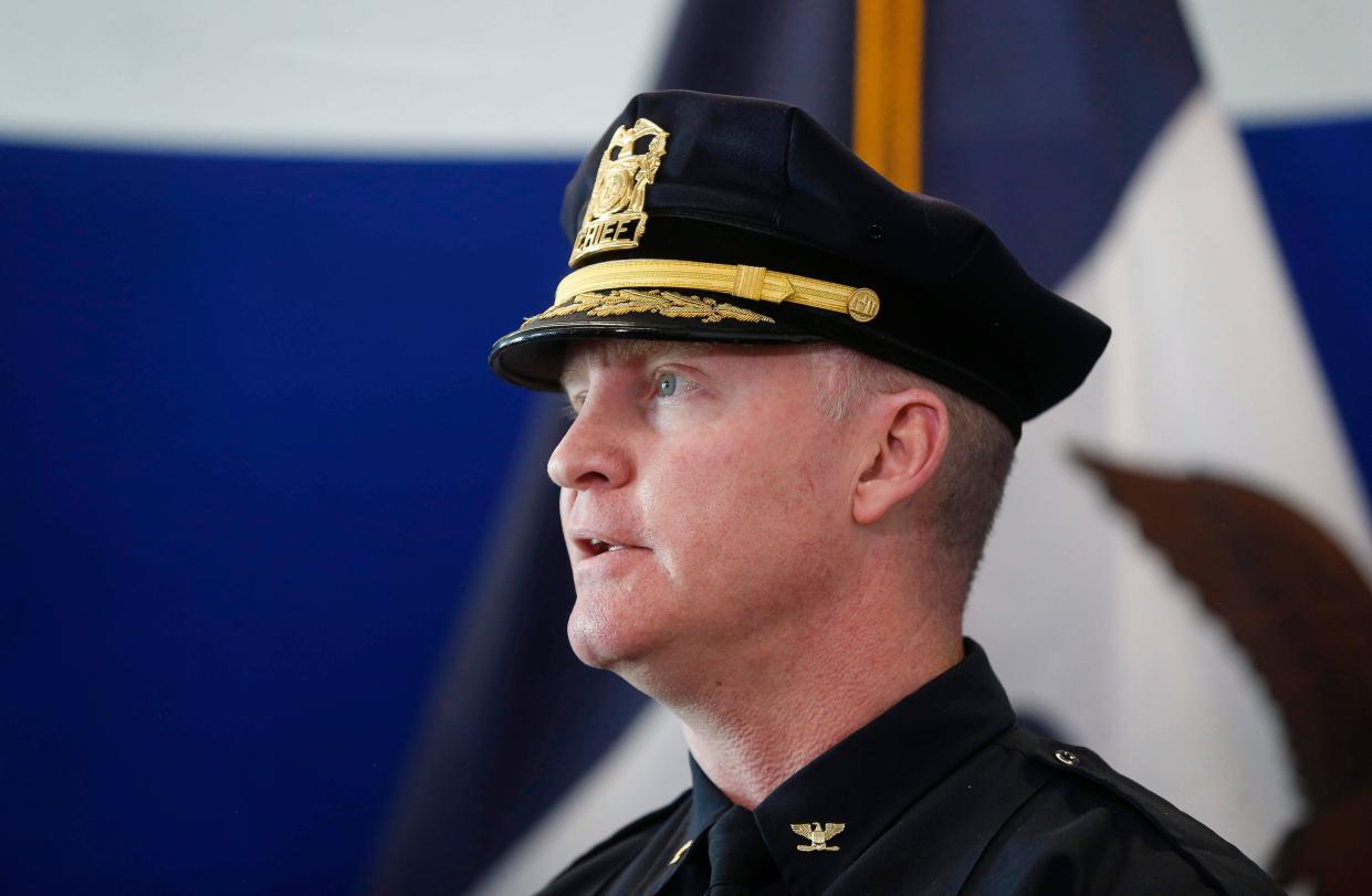 Des Moines Police Chief Dana Wingert speaks about the federal sentencing of Xzavier Clark, a member of the C-Block street gang, during a press conference at the U.S. Attorney's office in Des Moines on Friday, Feb. 14, 2020.