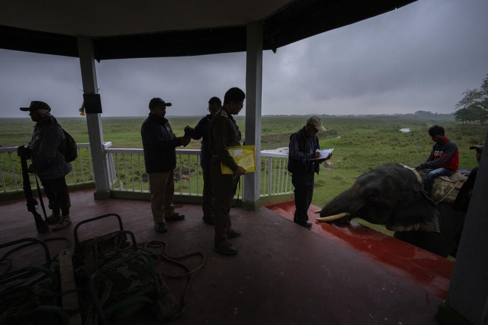 Forest officers prepare for a census to count one-horned rhinoceros' in Kaziranga national park, in the northeastern state of Assam, India, Saturday, March 26, 2022. Nearly 400 men using 50 domesticated elephants and drones scanned the park’s 500 square kilometers (190 square miles) territory in March and found the rhinos' numbers increased more than 12%, neutralizing a severe threat to the animals from poaching gangs and monsoon flooding. (AP Photo/Anupam Nath)