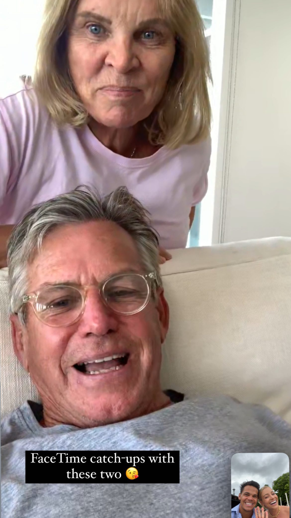 Bachelor couple Jimmy Nicholson and Holly Kingston on FaceTime with his parents Susan and Noel.