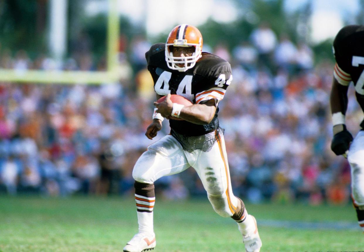 Browns running back Earnest Byner in action against the Miami Dolphins during a 1985 AFC divisional playoff game at the Orange Bowl, Jan. 4, 1986. (Manny Rubio-USA TODAY Sports)