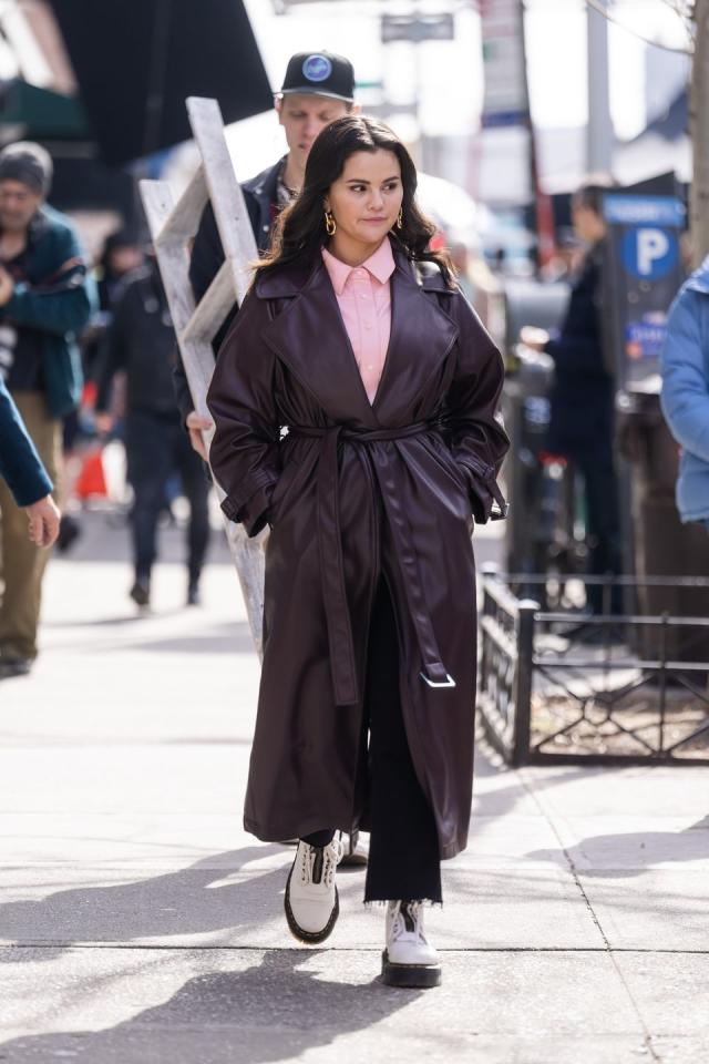 Selena Gomez Wears a Red Utility Jumpsuit on Set in New York