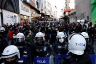 People attend a demonstration in Istanbul