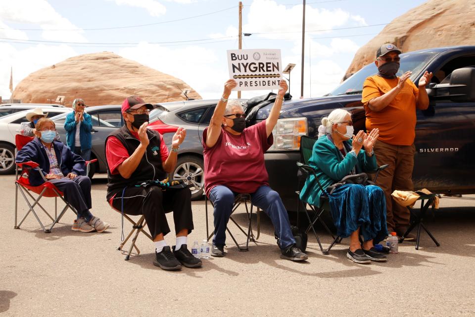 Supporters of Navajo Nation presidential hopeful Buu Nygren react to his speech on April 4 about seeking the office in Window Rock, Arizona.