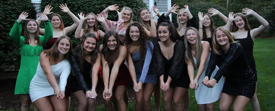 The 2021-22 Barnstable High School girls volleyball team pictured at this year’s Homecoming Dance include, Front row: Dierdre Mullin, Cayleigh Fleming, Allison Nystrom, Neely Alger, Kailey Cordeira, Emma Corley, Laura Cogswell. Back row: Mackenzie Vetorino, Lillie Ells, Molly Fredo, Lindsay Jones, Charlotte Sullivan, Sadie Wellbeloved, Logan Hurwitz, Molly Gleason. Missing from the photo was Teagan Geraghty.