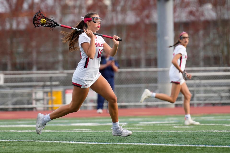 Abby Henderson, of Northern Highlands, controls the ball early in the second half. Tuesday, April 11, 2023 