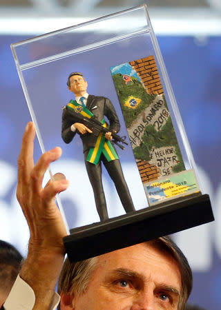 FILE PHOTO: Federal deputy Jair Bolsonaro, a pre-candidate for Brazil's presidential elections, shows a doll of himself during a rally in Curitiba, Brazil March 29, 2018. REUTERS/Rodolfo Buhrer/File photo