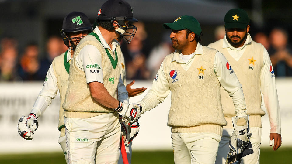 O’Brien was congratulated by Pakistan players. Image: Getty