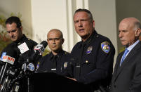 Beverly Hills Police Chief Mark G. Stainbrook, second from right, addresses the media at a news conference, Wednesday, Dec. 1, 2021, in Beverly Hills, Calif. Jacqueline Avant, the wife of music legend Clarence Avant, was fatally shot in Beverly Hills early Wednesday. At far right is Beverly Hills Mayor Robert Wunderlich. (AP Photo/Chris Pizzello)