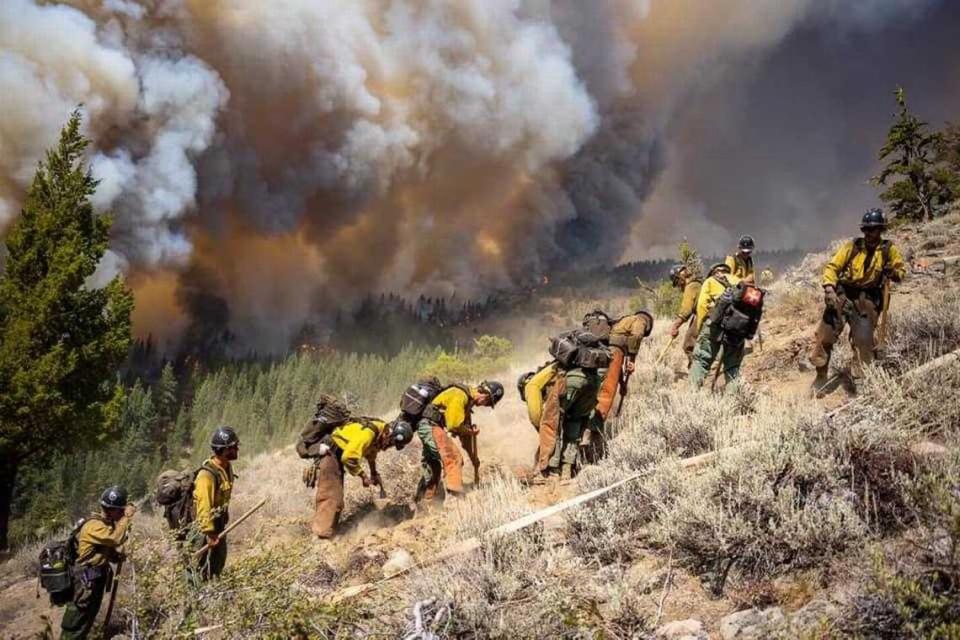 Ruby Mountain Hotshots from Nevada tackle steep terrain to cut a fuel break for the Dixie Fire in Lassen County near Herlong, Calif., on Monday, Sept. 6, 2021.