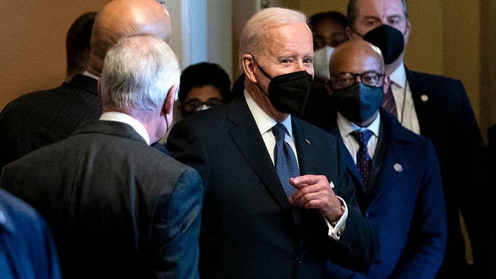 President Biden speaks to Senate Pages on Wednesday, January 12, 2022 after visiting the Capitol to pay his respects to the late Sen. Harry Reid (D-Nev.) as he lies in state in the Capitol Rotunda.