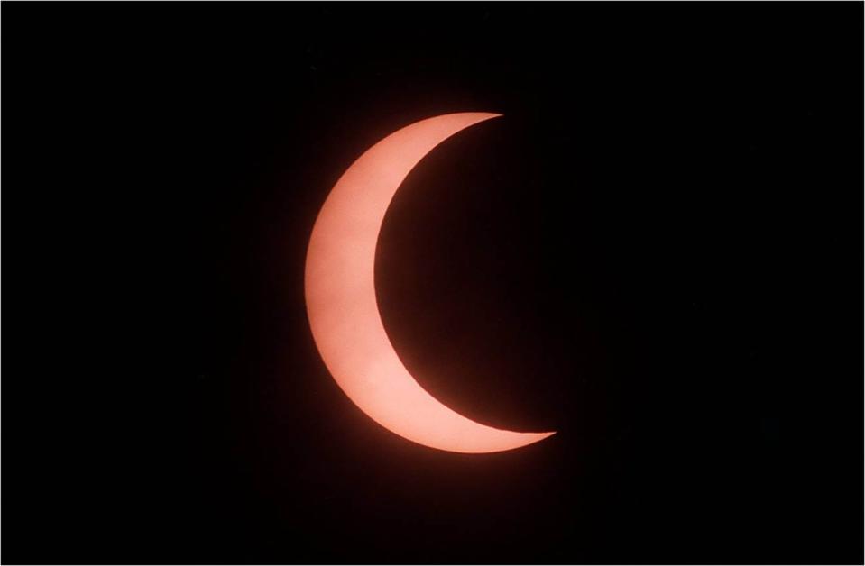 This view of a partial solar eclipse from 1994 made through a telescope with a safe solar filter shows the approximate coverage of the sun by the moon as viewed from Fayetteville during the April 8, 2024 eclipse.