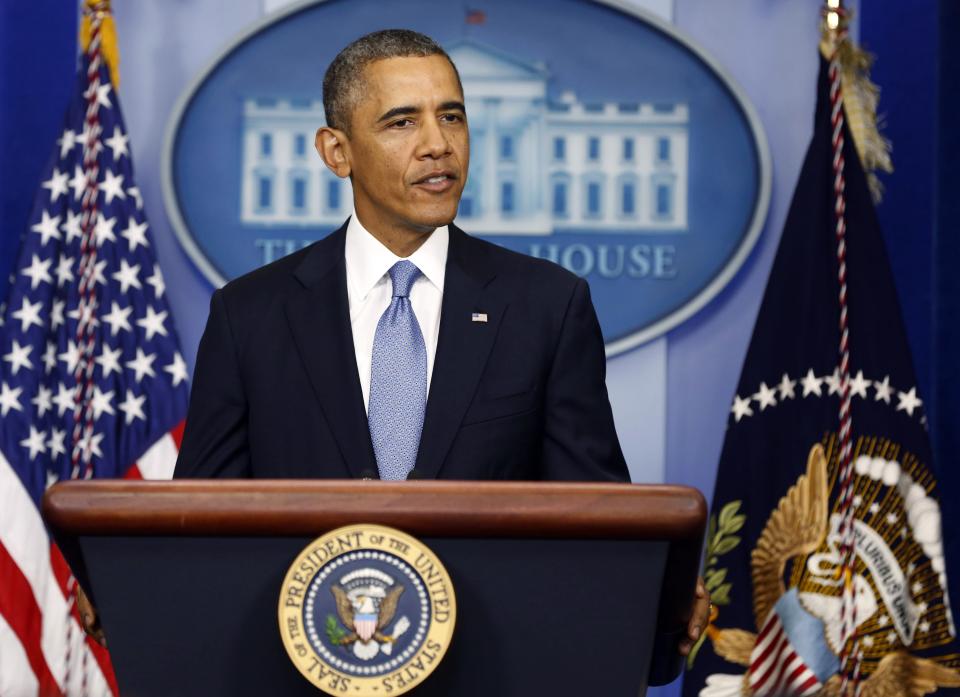 U.S. President Barack Obama makes a statement to the press in the briefing room of the White House