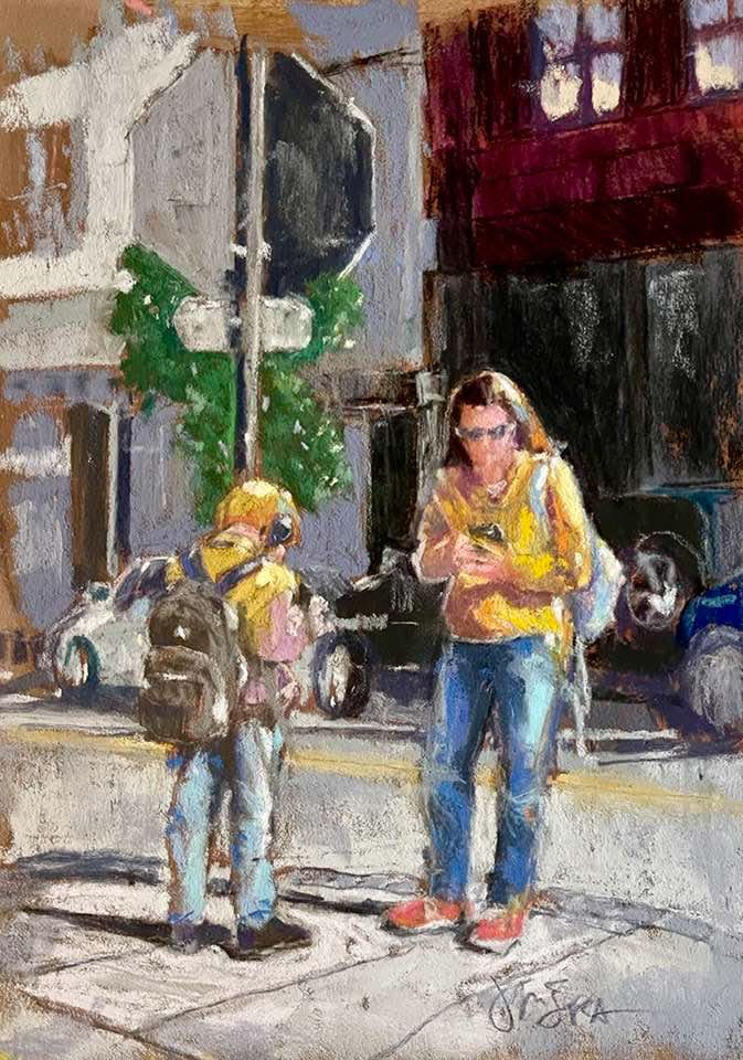 "Bus Stop," one of the pastel works by Jeri Greenberg.