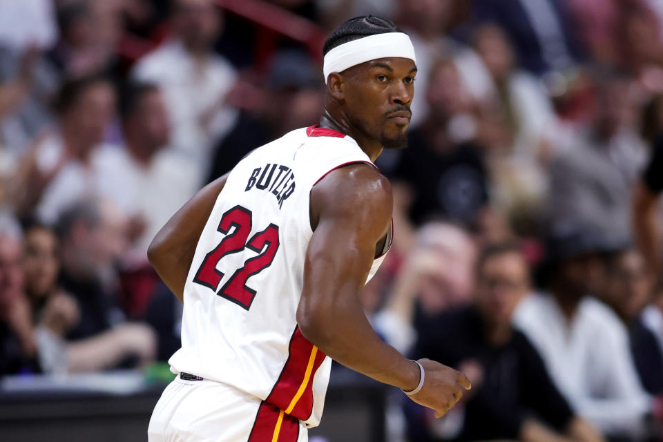 MIAMI, FLORIDA - APRIL 22: Jimmy Butler #22 of the Miami Heat in action against the Milwaukee Bucks during the first quarter in Game Three of the Eastern Conference First Round Playoffs at Kaseya Center on April 22, 2023 in Miami, Florida. NOTE TO USER: User expressly acknowledges and agrees that, by downloading and or using this photograph, User is consenting to the terms and conditions of the Getty Images License Agreement. (Photo by Megan Briggs/Getty Images)