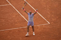 Rafael Nadal of Spain celebrates after defeating Pedro Cachin of Argentina during the Mutua Madrid Open tennis tournament in Madrid, Spain, Monday, April 29, 2024. (AP Photo/Manu Fernandez)