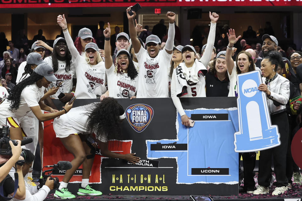 The South Carolina Gamecocks celebrate after defeating the Iowa Hawkeyes during the NCAA Women's Basketball Tournament National Championship in Cleveland (Justin Tafoya / NCAA Photos via Getty Images)