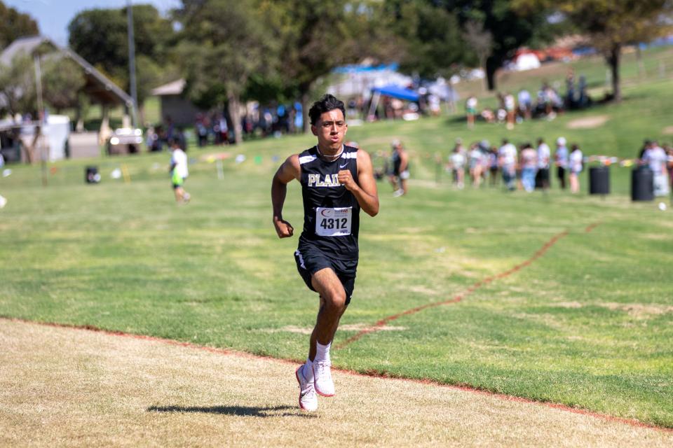 Plains' Jhoan Menjivar competes in the Lubbock Independent School District cross country Invitational, Saturday, Sept. 17, 2022, at Mae Simmons Park.