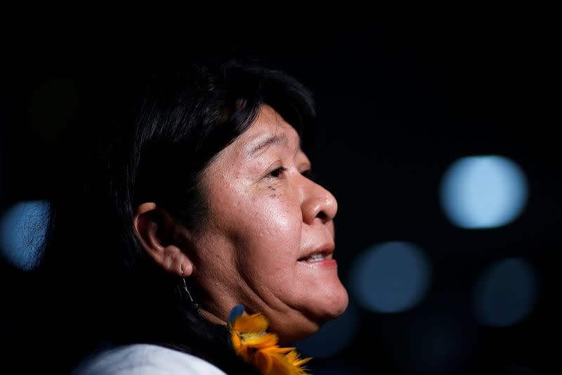 FILE PHOTO: Indigenous Congresswoman Joenia Wapichana speaks with journalists after a meeting with the parliamentary front in defense of the rights of indigenous people in Brasilia