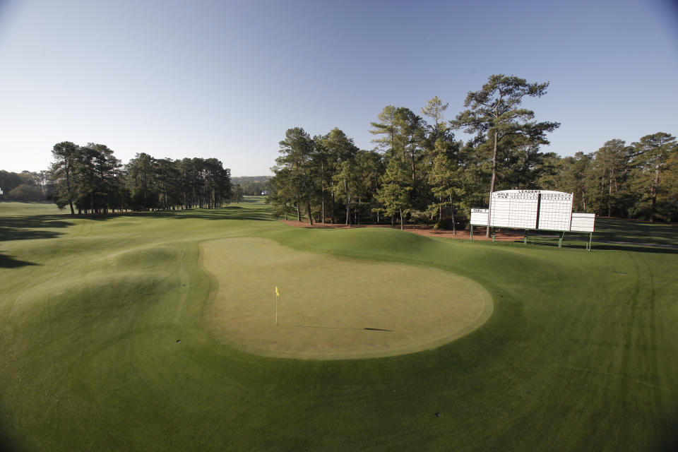 FILE - The green on the eighth hole is shown at Augusta National Golf Club, the site of the Masters golf tournament, Wednesday, March 31, 2010, in Augusta, Ga. It's the only par 5 at Augusta National without a hazard. (AP Photo/Rob Carr, File)