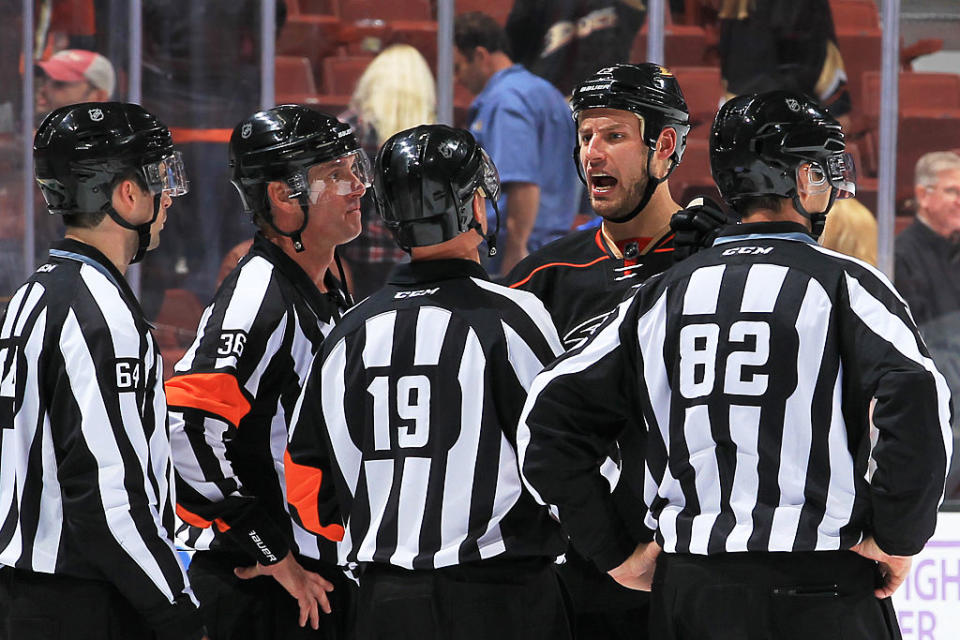 ANAHEIM, CA - NOVEMBER 22: Ryan Getzlaf #15 of the Anaheim Ducks talks with the referees following a shootout loss against the New York Islanders on November 22, 2016 at Honda Center in Anaheim, California. (Photo by Debora Robinson/NHLI via Getty Images)